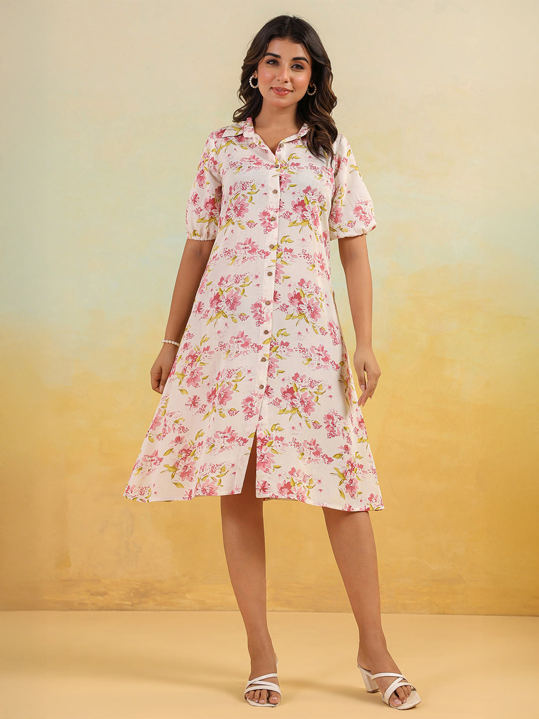 Janasya Light Cotton Floral A-Line Dress | Grocsy