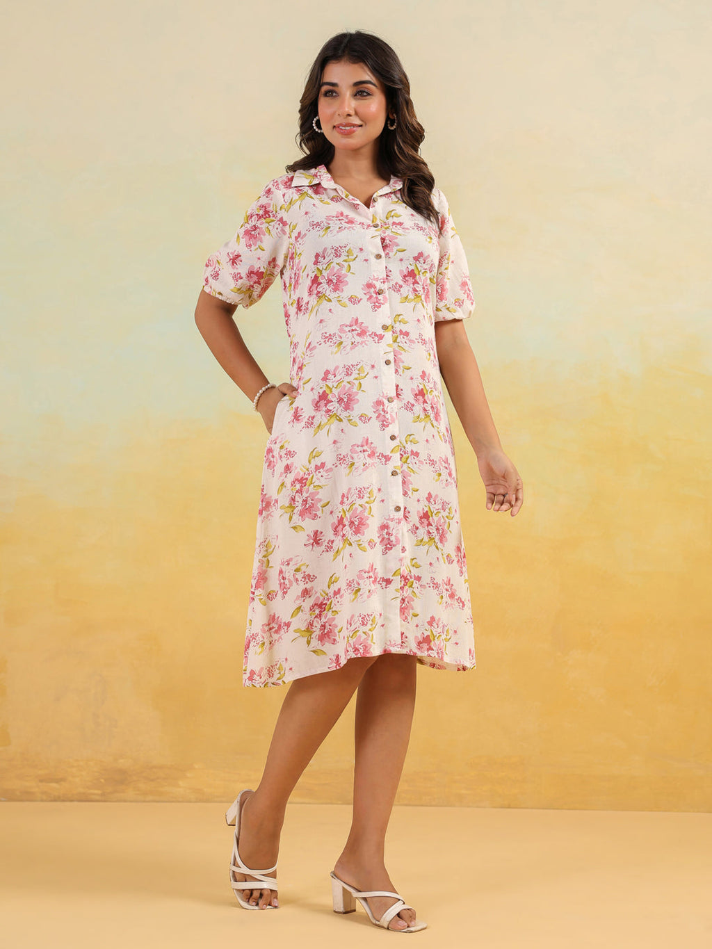Janasya Light Cotton Floral A-Line Dress | Grocsy