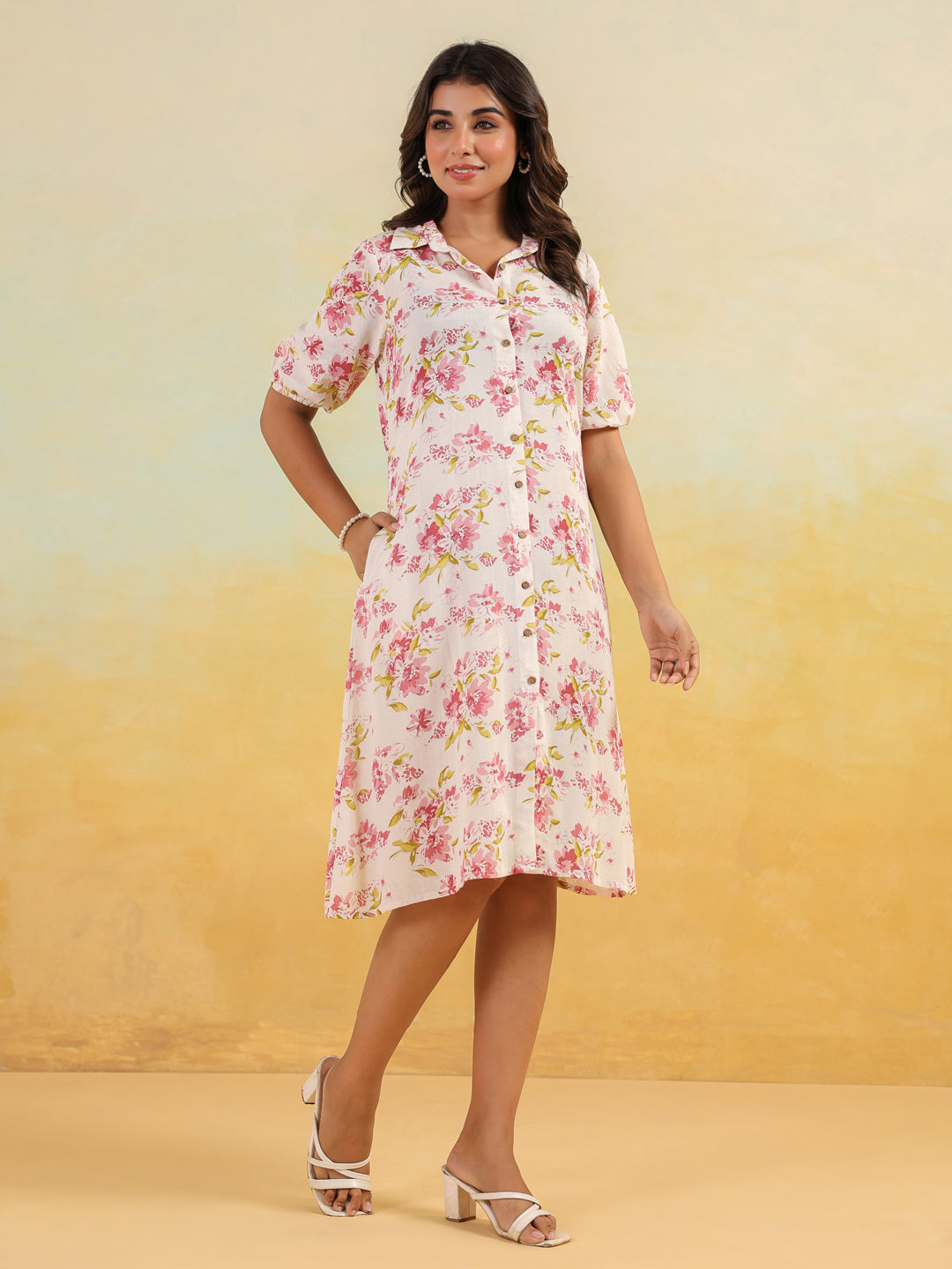 Janasya Light Cotton Floral A-Line Dress | Grocsy