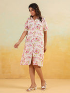 Janasya Light Cotton Floral A-Line Dress | Grocsy