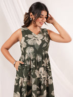Janasya Dark Cotton Floral Tiered Dress | Grocsy
