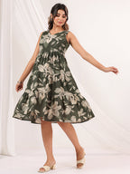 Janasya Dark Cotton Floral Tiered Dress | Grocsy