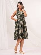 Janasya Dark Cotton Floral Tiered Dress | Grocsy