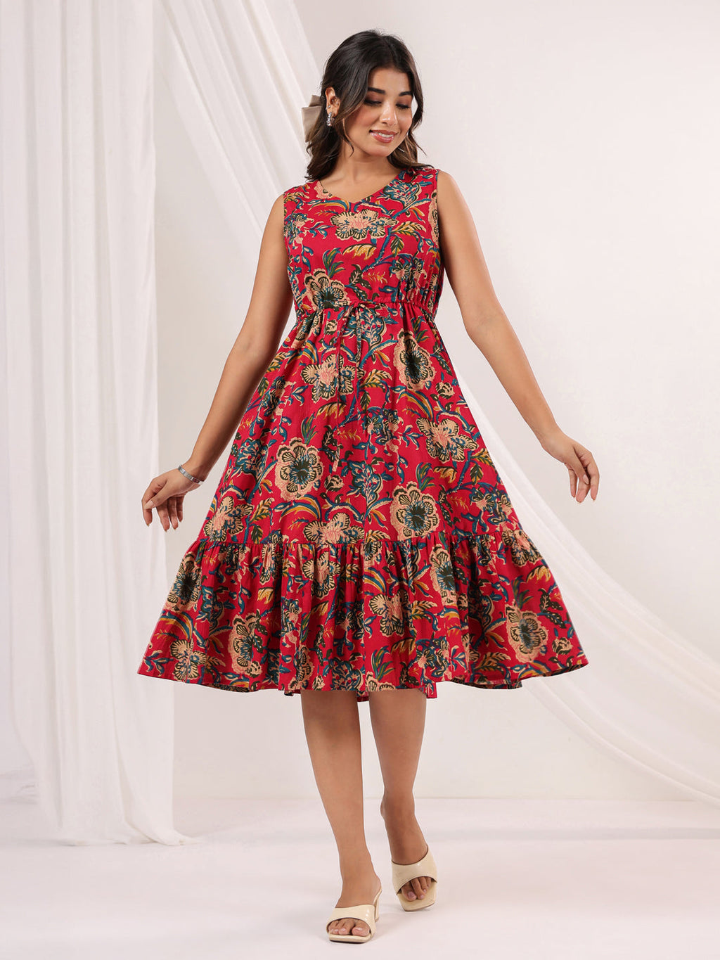 Janasya Bright Cotton Floral Fit & Flare Dress | Grocsy