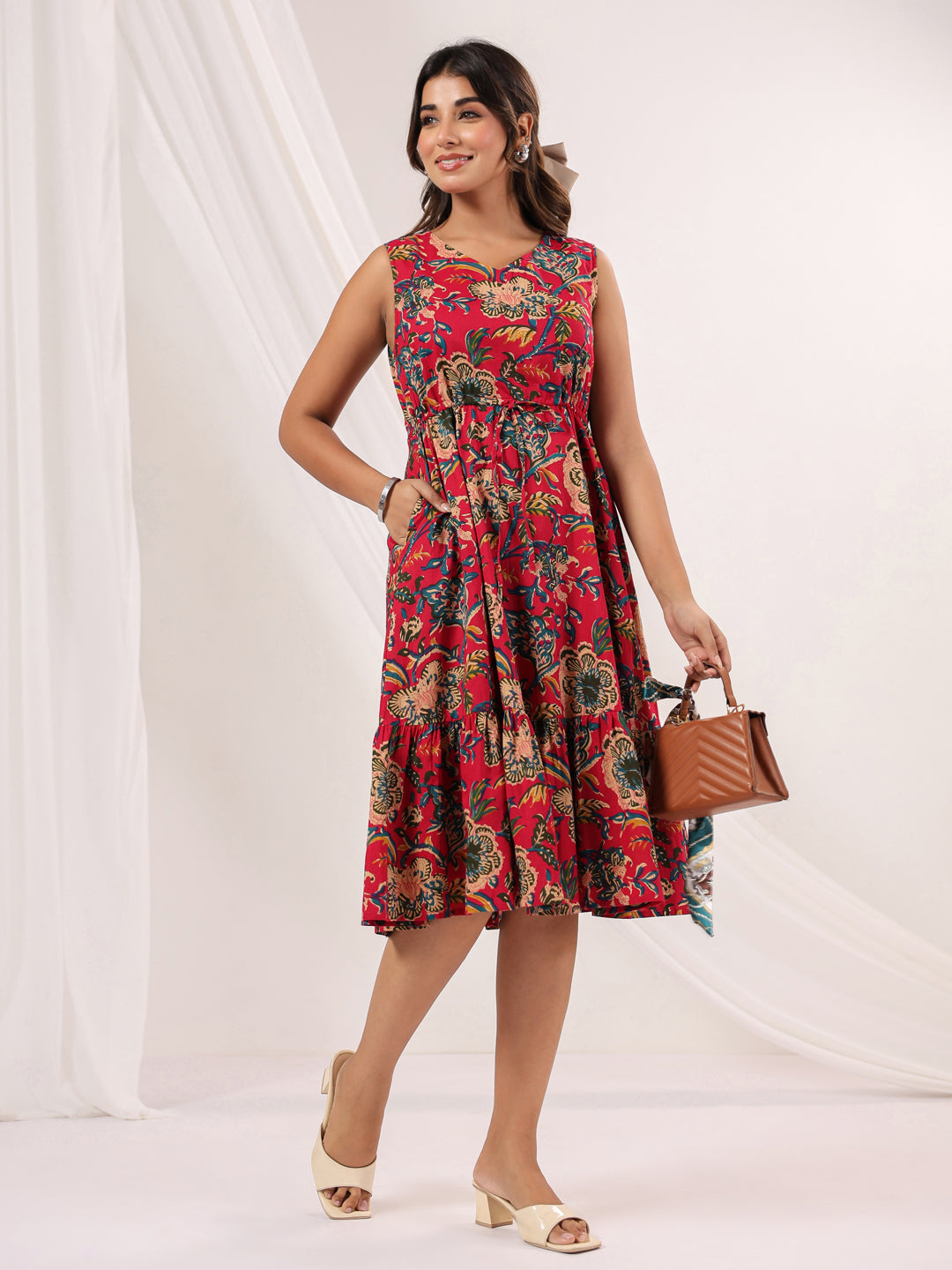 Janasya Bright Cotton Floral Fit & Flare Dress | Grocsy