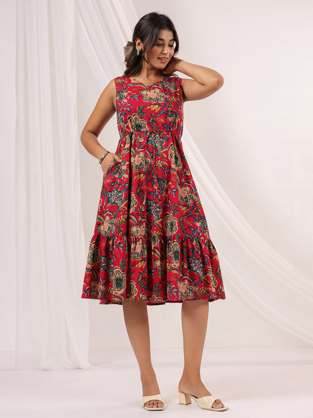 Janasya Bright Cotton Floral Fit & Flare Dress | Grocsy