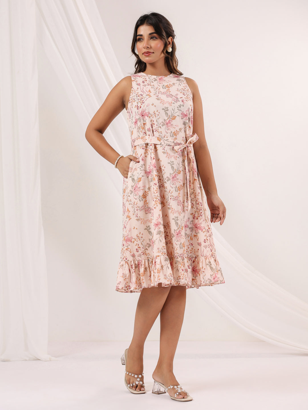 Janasya Light Cotton Floral A-Line Dress | Grocsy