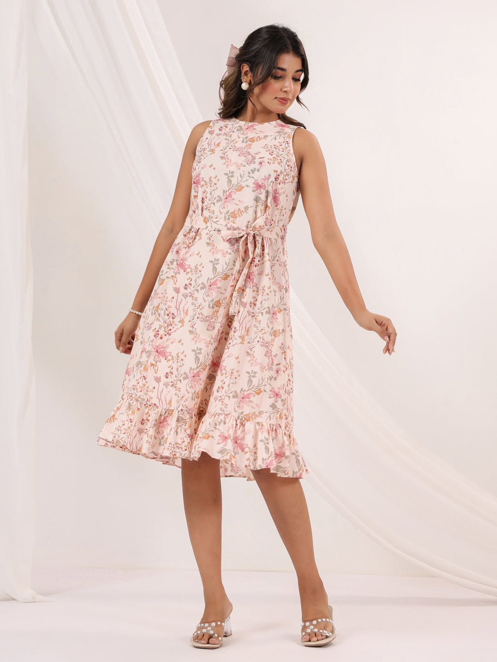 Janasya Light Cotton Floral A-Line Dress | Grocsy