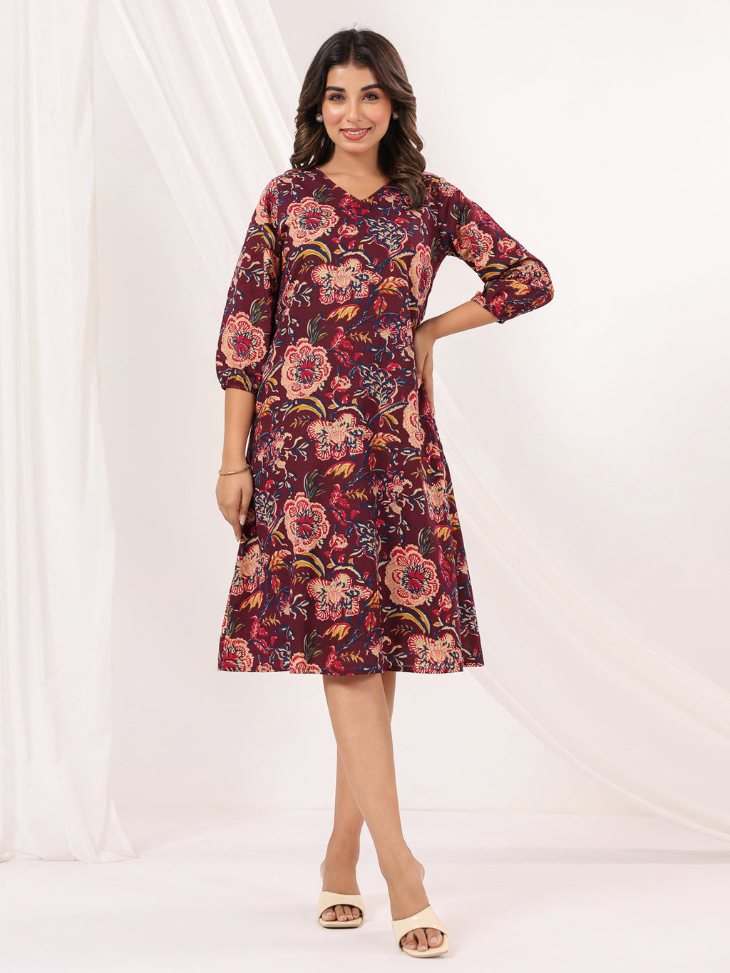 Janasya Dark Cotton Floral A-Line Dress | Grocsy
