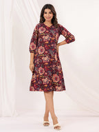 Janasya Dark Cotton Floral A-Line Dress | Grocsy