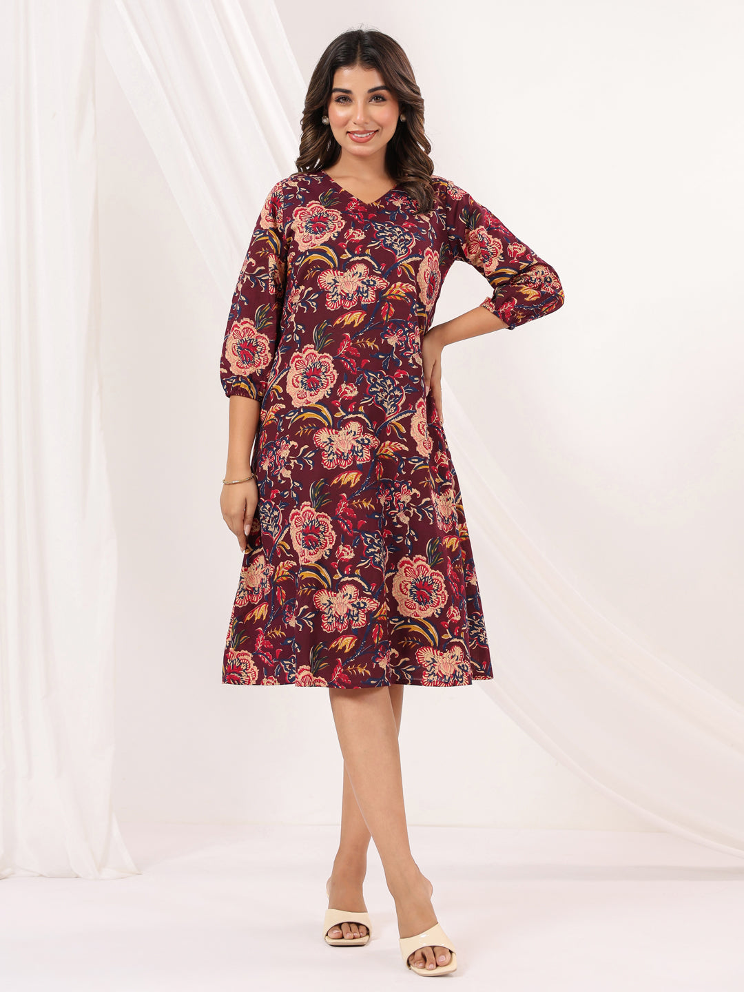 Janasya Dark Cotton Floral A-Line Dress | Grocsy