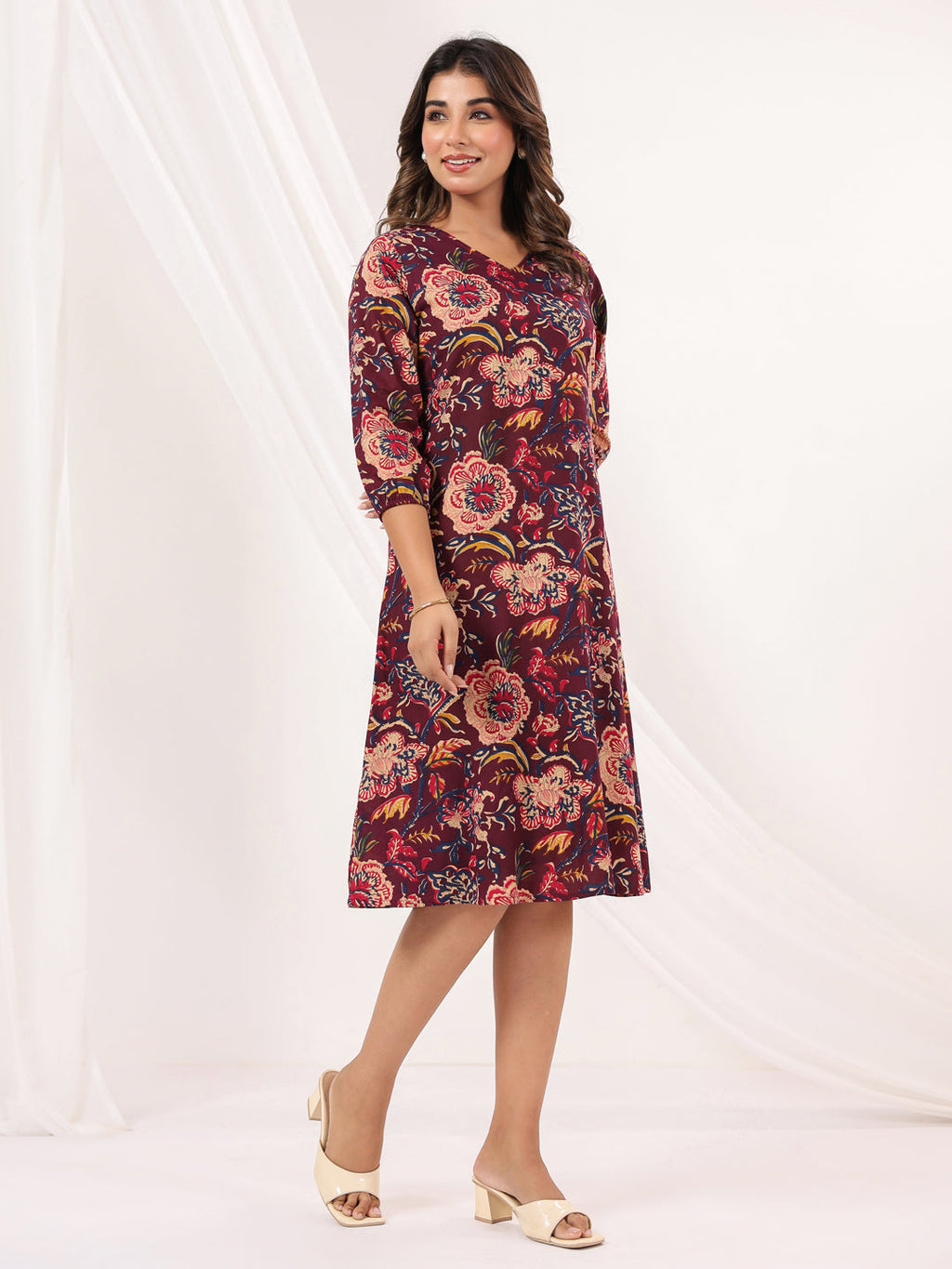 Janasya Dark Cotton Floral A-Line Dress | Grocsy