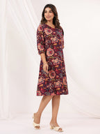Janasya Dark Cotton Floral A-Line Dress | Grocsy