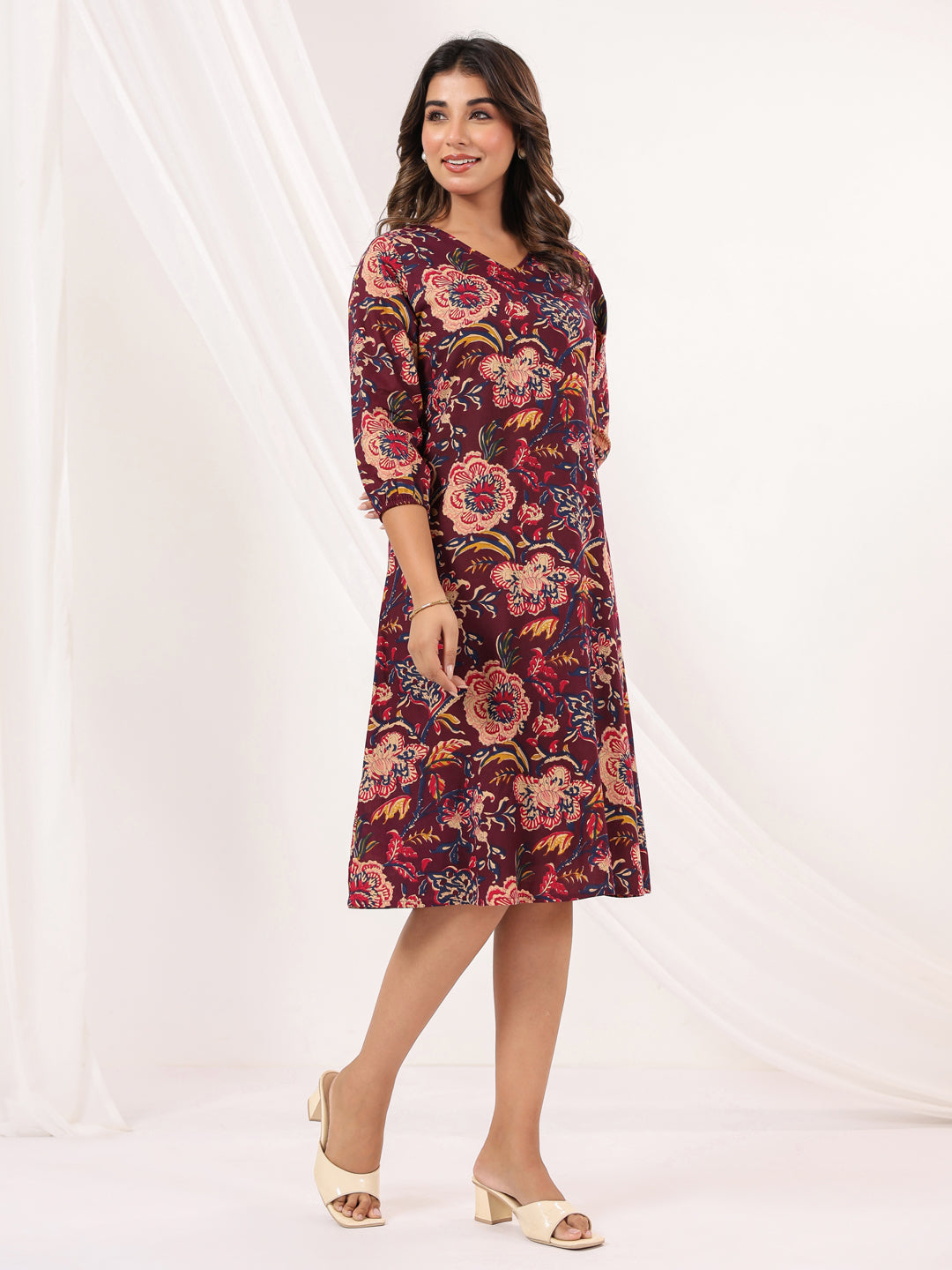 Janasya Dark Cotton Floral A-Line Dress | Grocsy