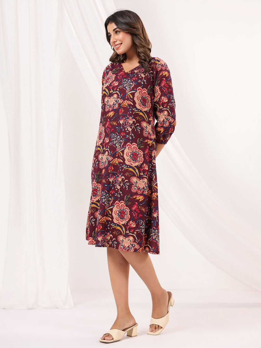Janasya Dark Cotton Floral A-Line Dress | Grocsy