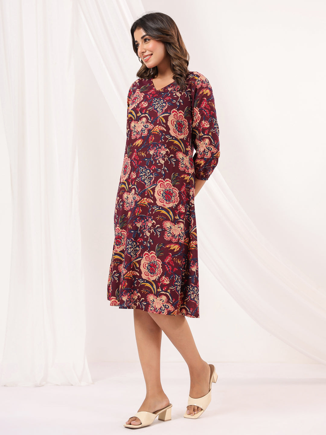 Janasya Dark Cotton Floral A-Line Dress | Grocsy