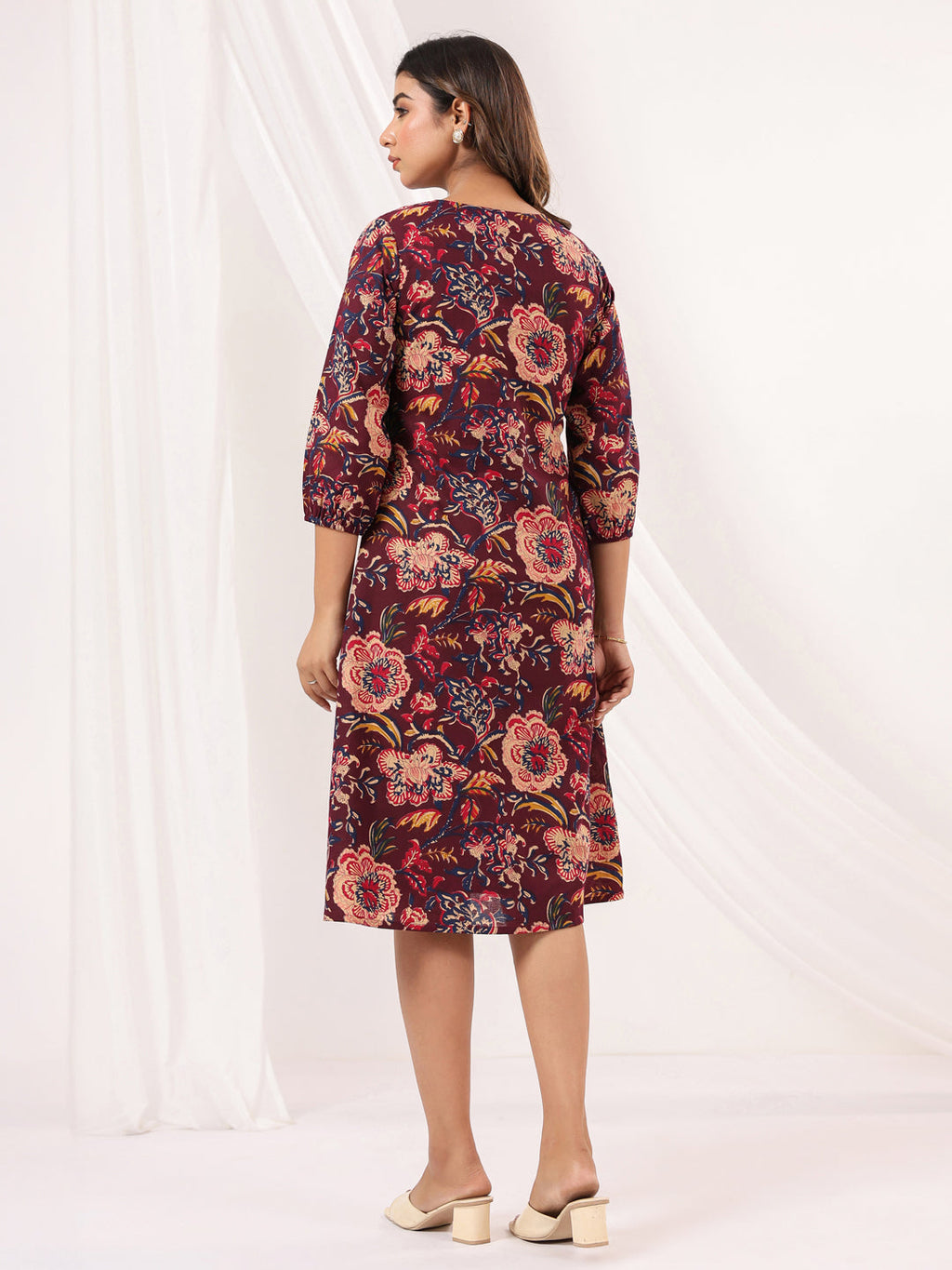 Janasya Dark Cotton Floral A-Line Dress | Grocsy
