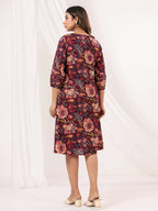 Janasya Dark Cotton Floral A-Line Dress | Grocsy