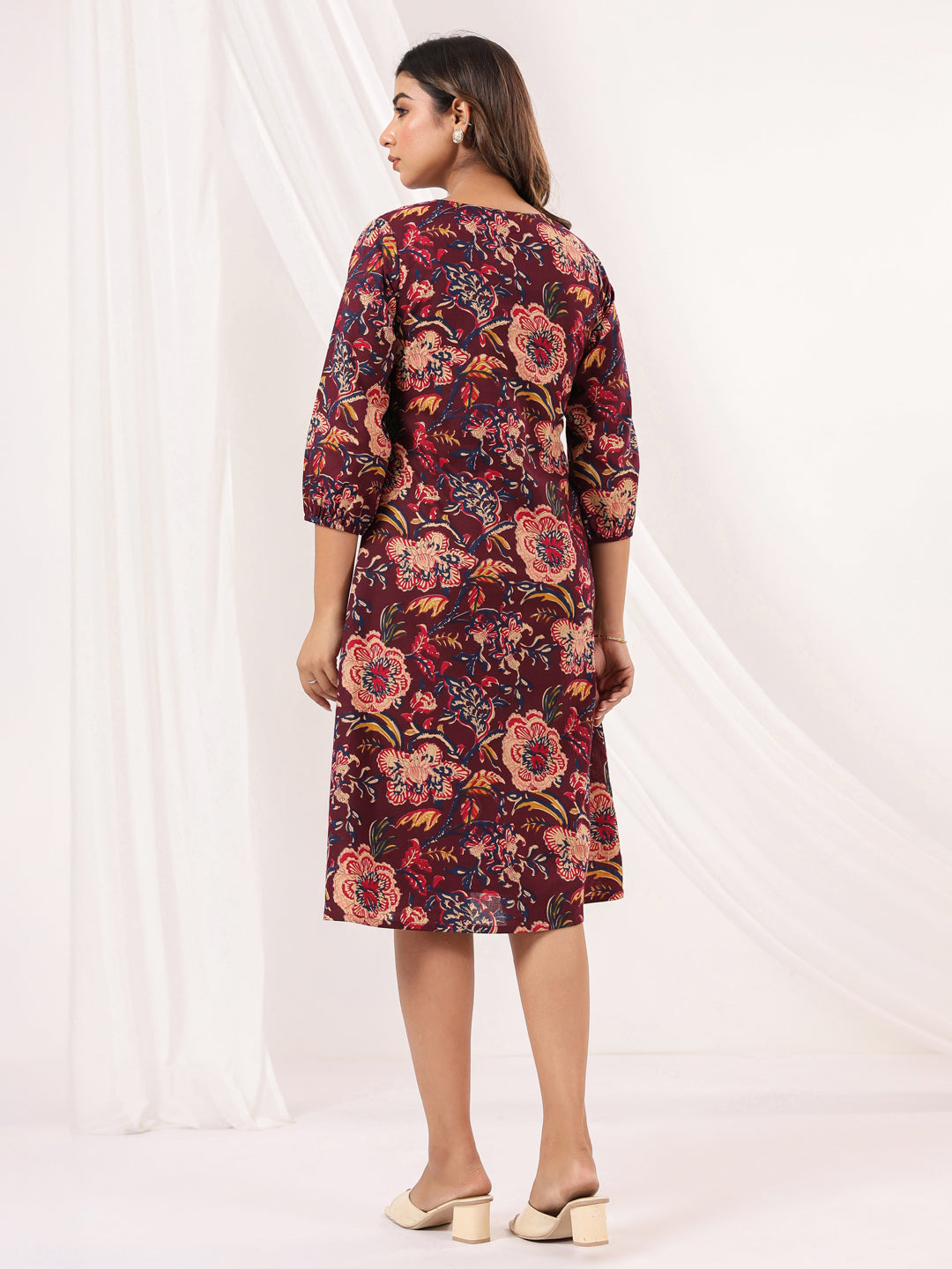 Janasya Dark Cotton Floral A-Line Dress | Grocsy