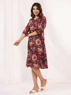 Janasya Dark Cotton Floral A-Line Dress | Grocsy