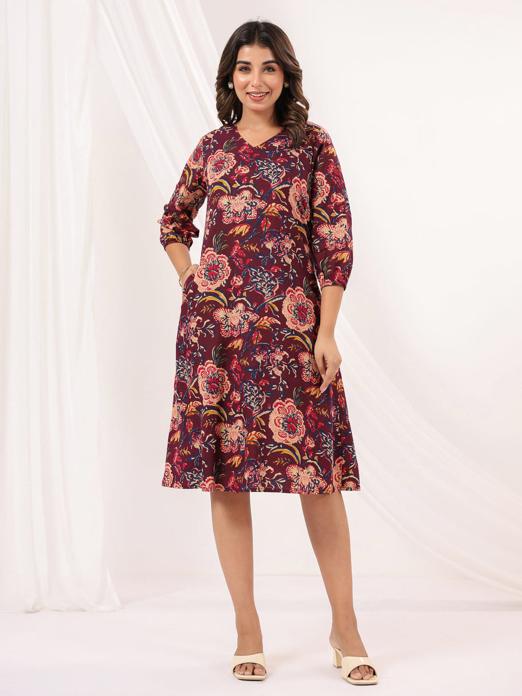 Janasya Dark Cotton Floral A-Line Dress | Grocsy