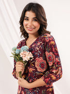 Janasya Dark Cotton Floral A-Line Dress | Grocsy
