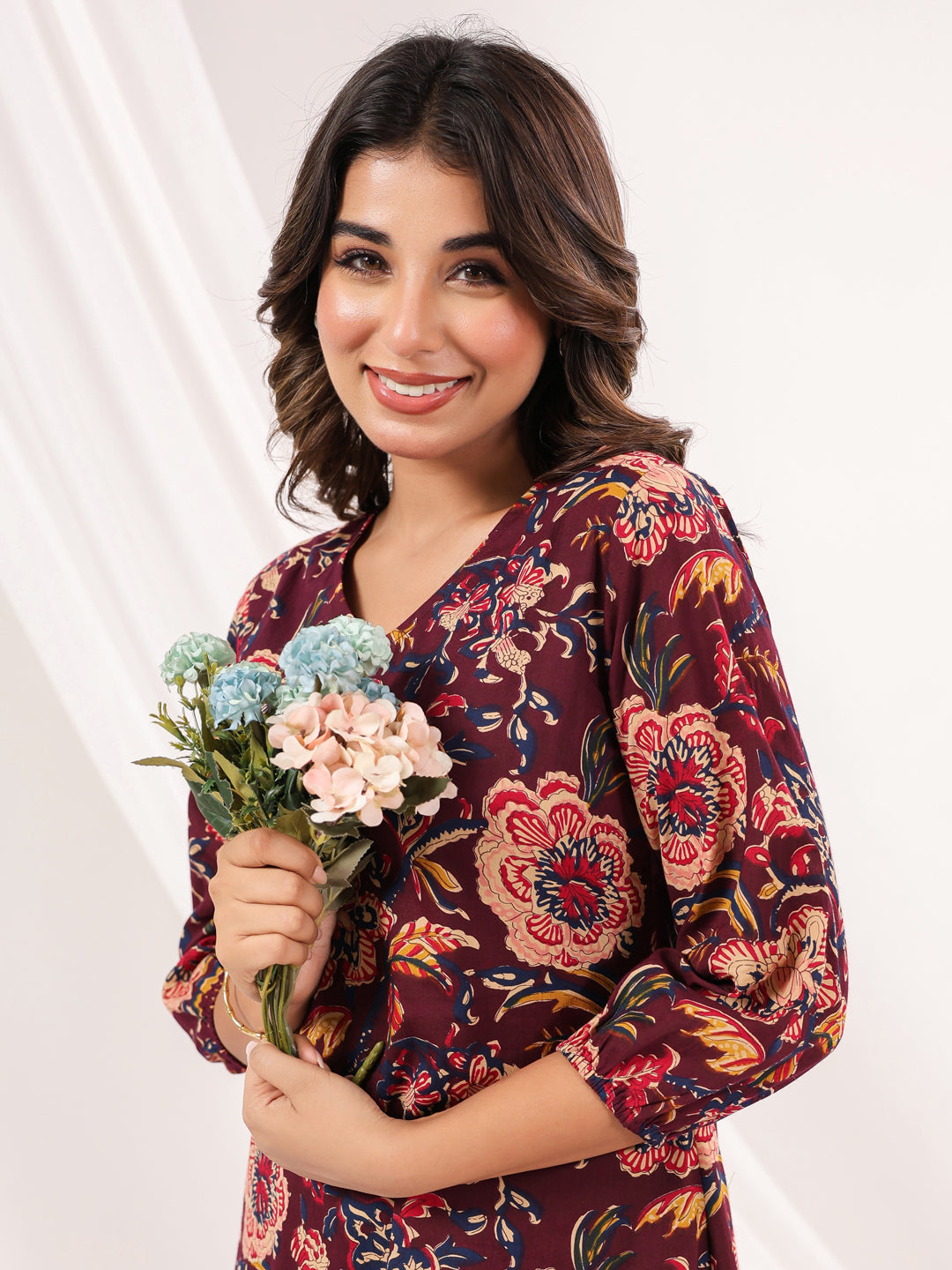 Janasya Dark Cotton Floral A-Line Dress | Grocsy
