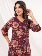 Janasya Dark Cotton Floral A-Line Dress | Grocsy