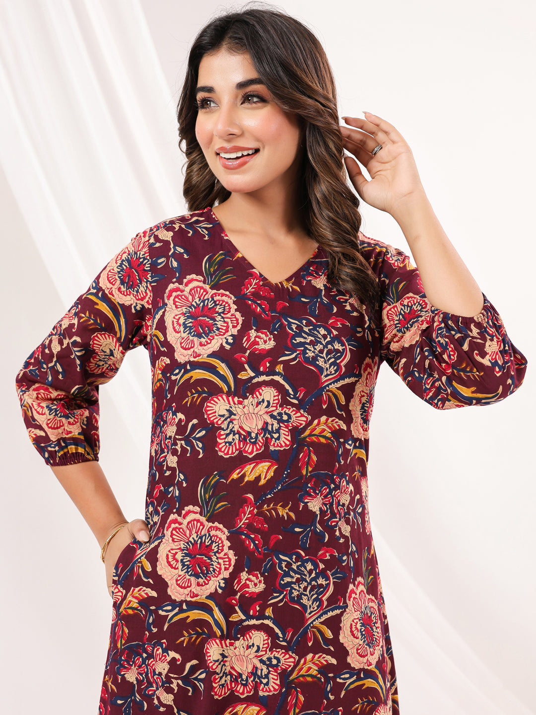 Janasya Dark Cotton Floral A-Line Dress | Grocsy