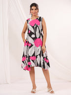 Janasya Dark Cotton Floral Handkerchief Dress | Grocsy