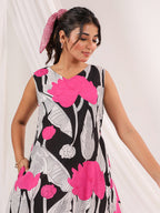 Janasya Dark Cotton Floral Handkerchief Dress | Grocsy