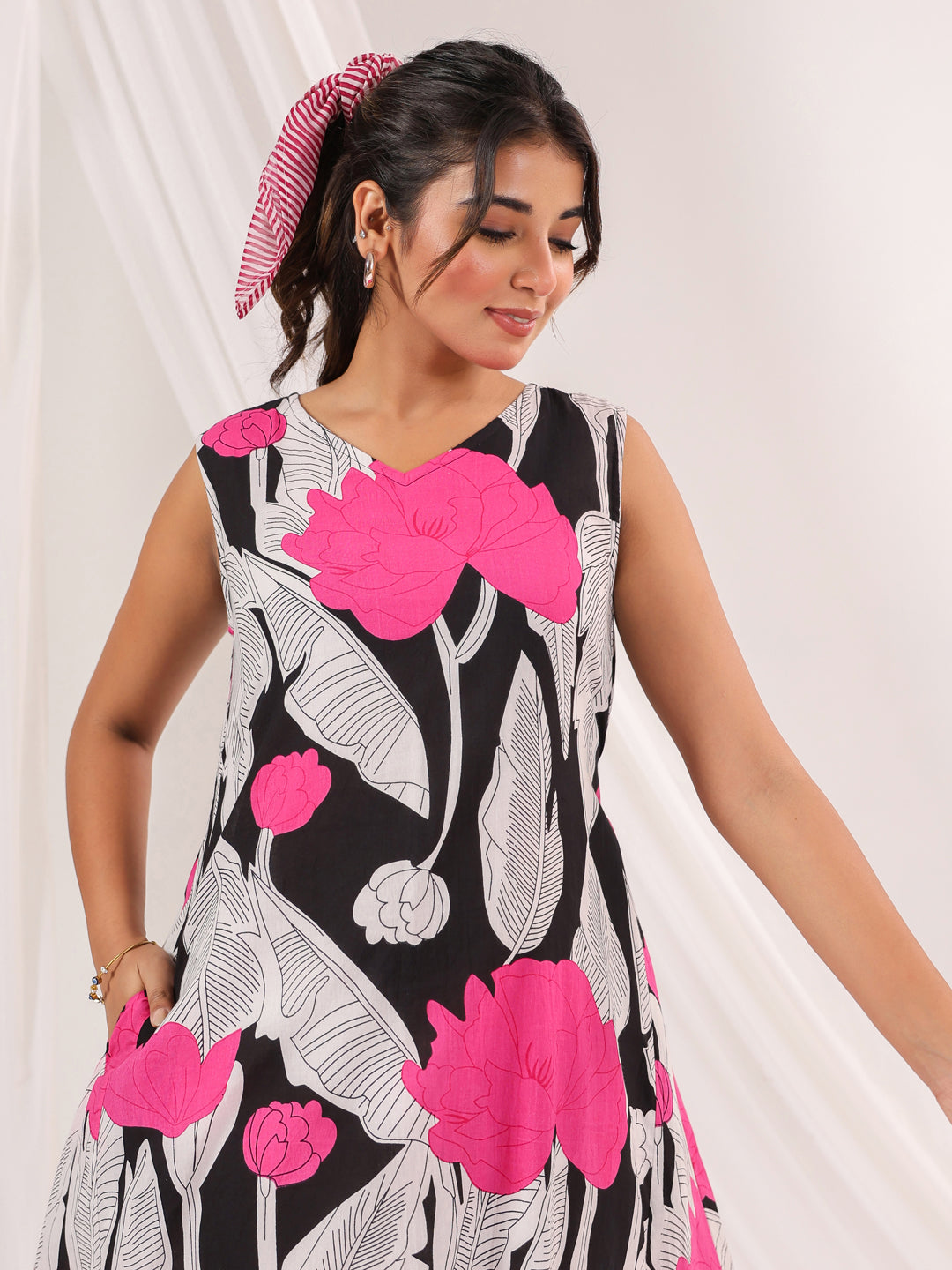 Janasya Dark Cotton Floral Handkerchief Dress | Grocsy