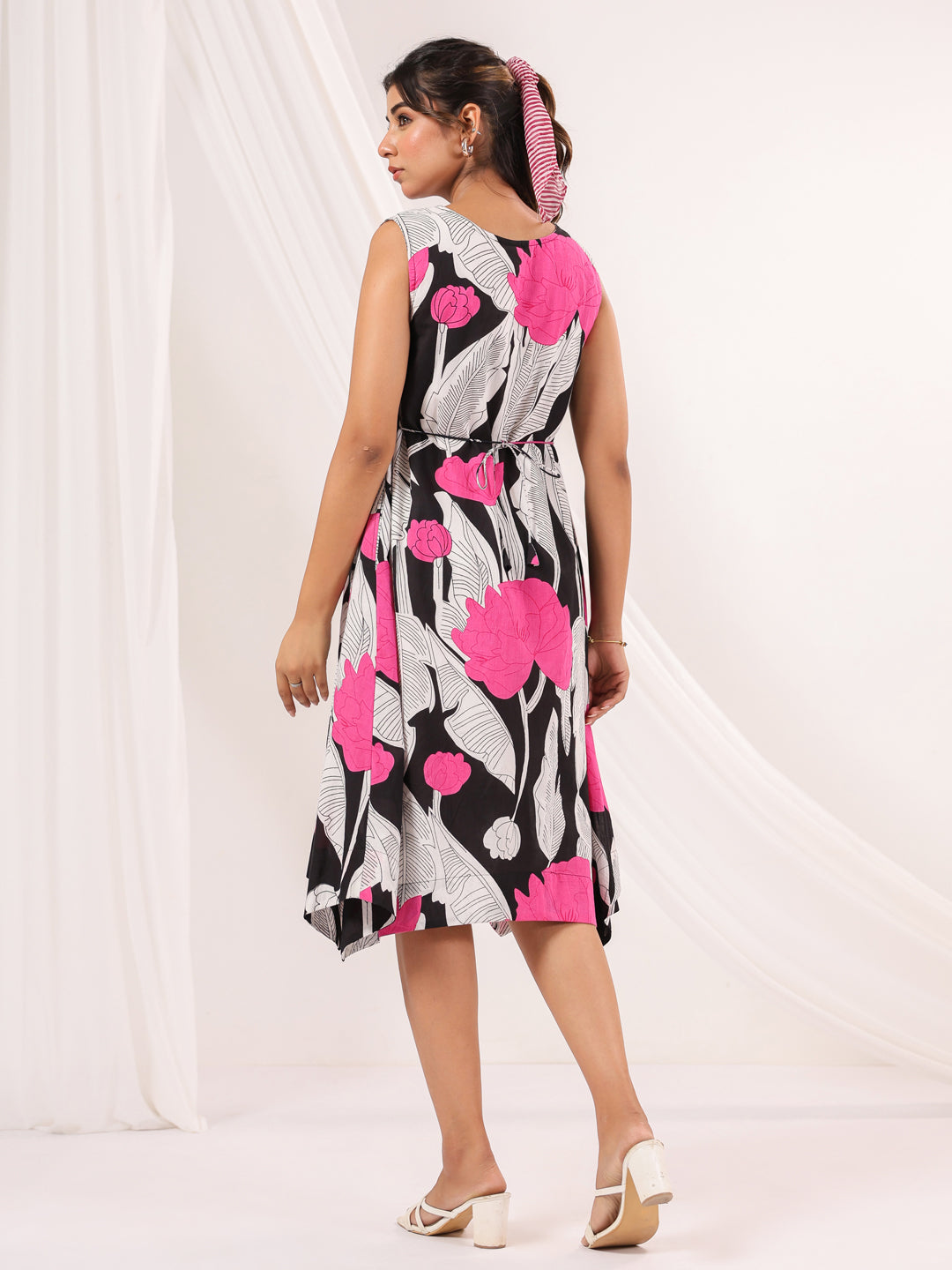 Janasya Dark Cotton Floral Handkerchief Dress | Grocsy