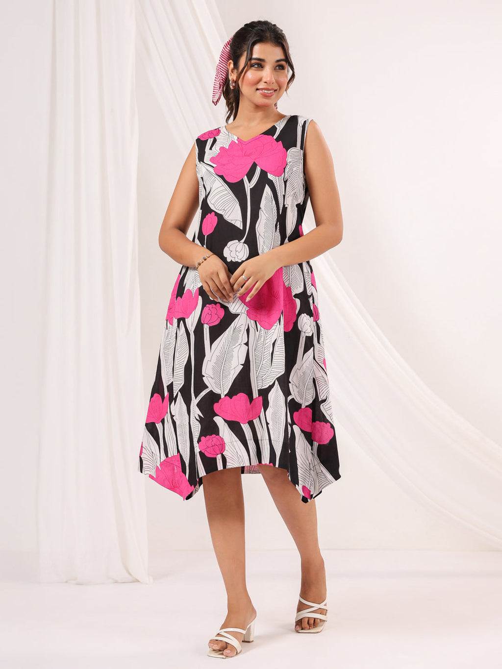 Janasya Dark Cotton Floral Handkerchief Dress | Grocsy