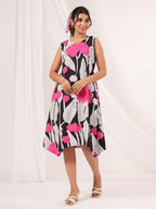 Janasya Dark Cotton Floral Handkerchief Dress | Grocsy
