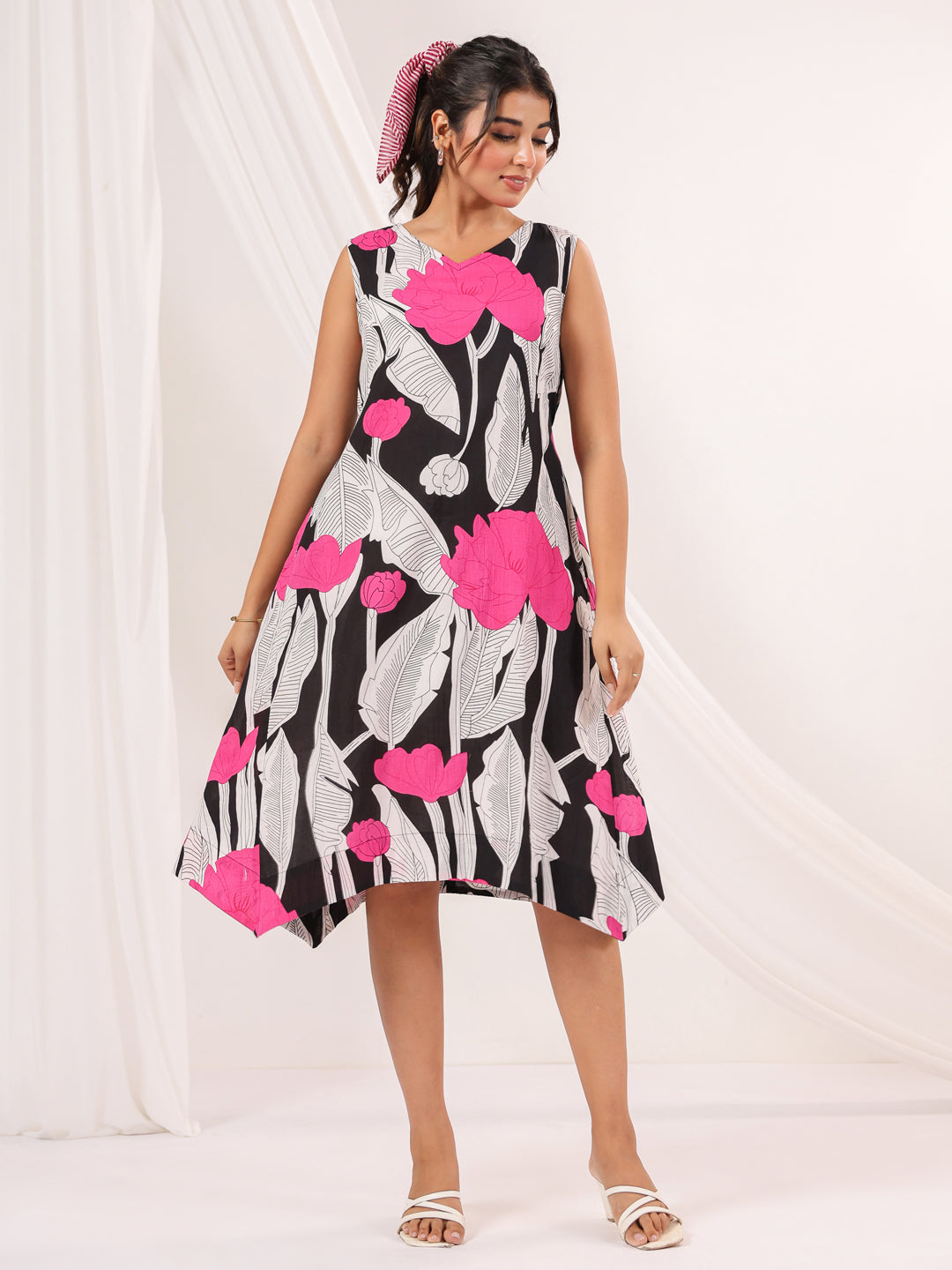 Janasya Dark Cotton Floral Handkerchief Dress | Grocsy
