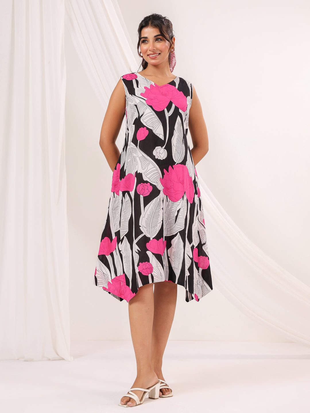 Janasya Dark Cotton Floral Handkerchief Dress | Grocsy