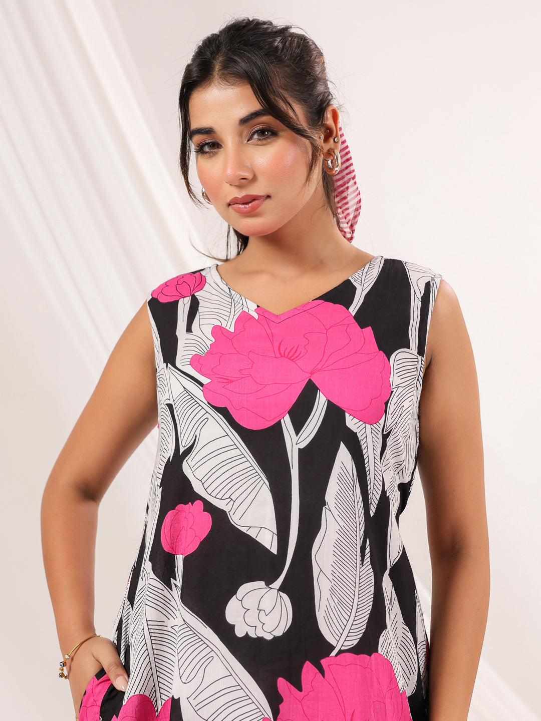 Janasya Dark Cotton Floral Handkerchief Dress | Grocsy
