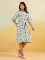 Janasya Light Cotton Floral A-Line Dress | Grocsy