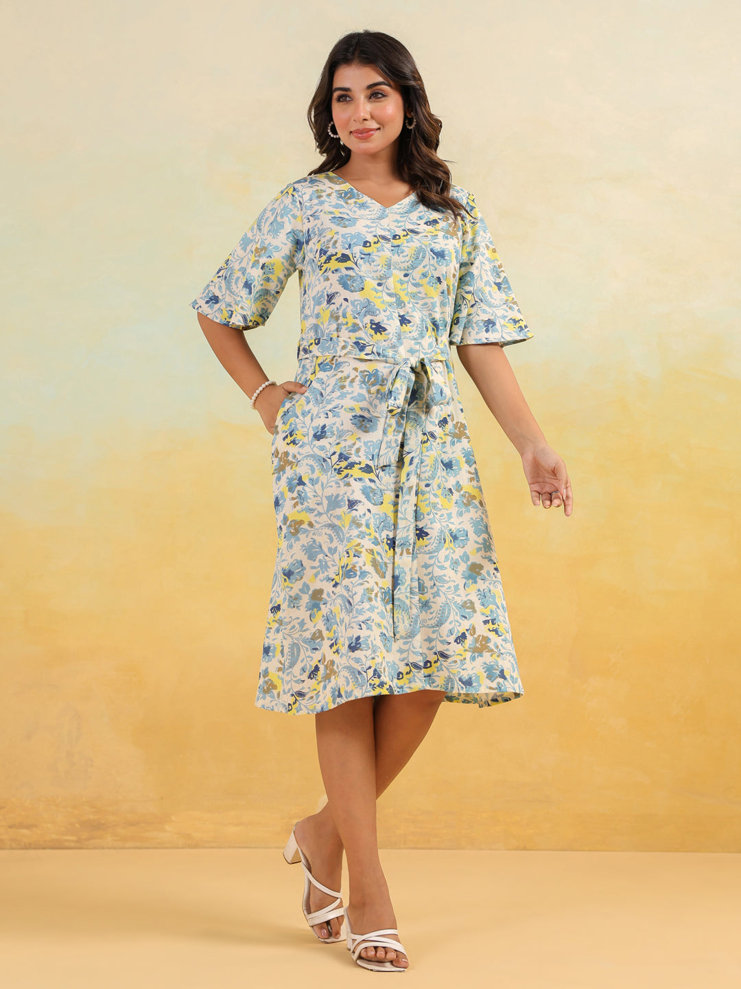 Janasya Light Cotton Floral A-Line Dress | Grocsy