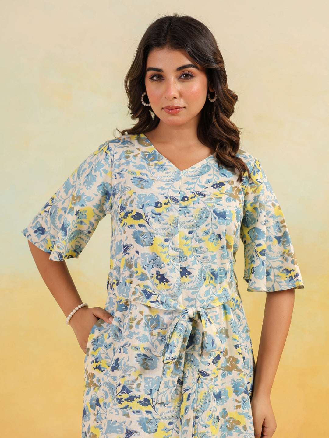 Janasya Light Cotton Floral A-Line Dress | Grocsy