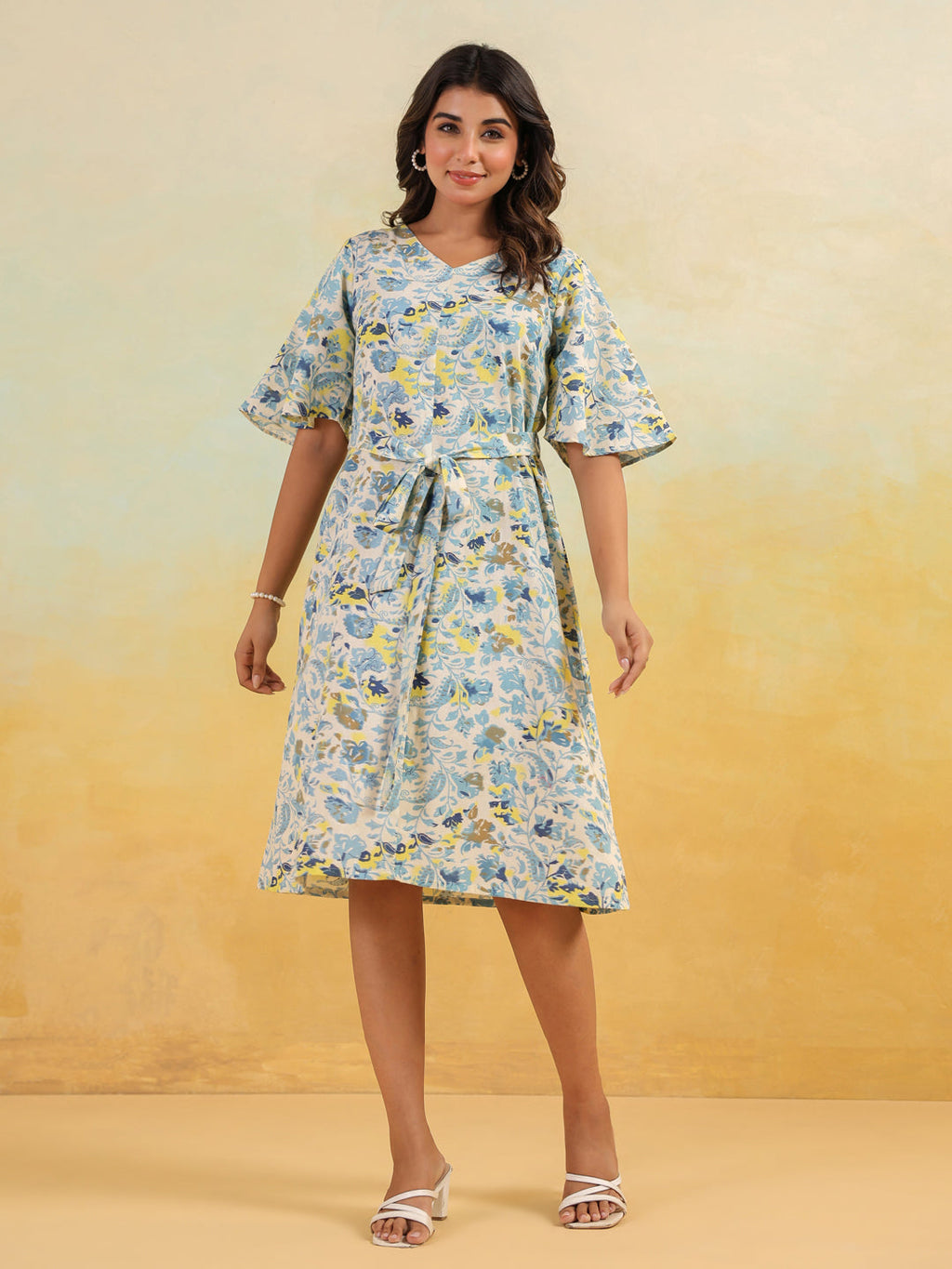 Janasya Light Cotton Floral A-Line Dress | Grocsy