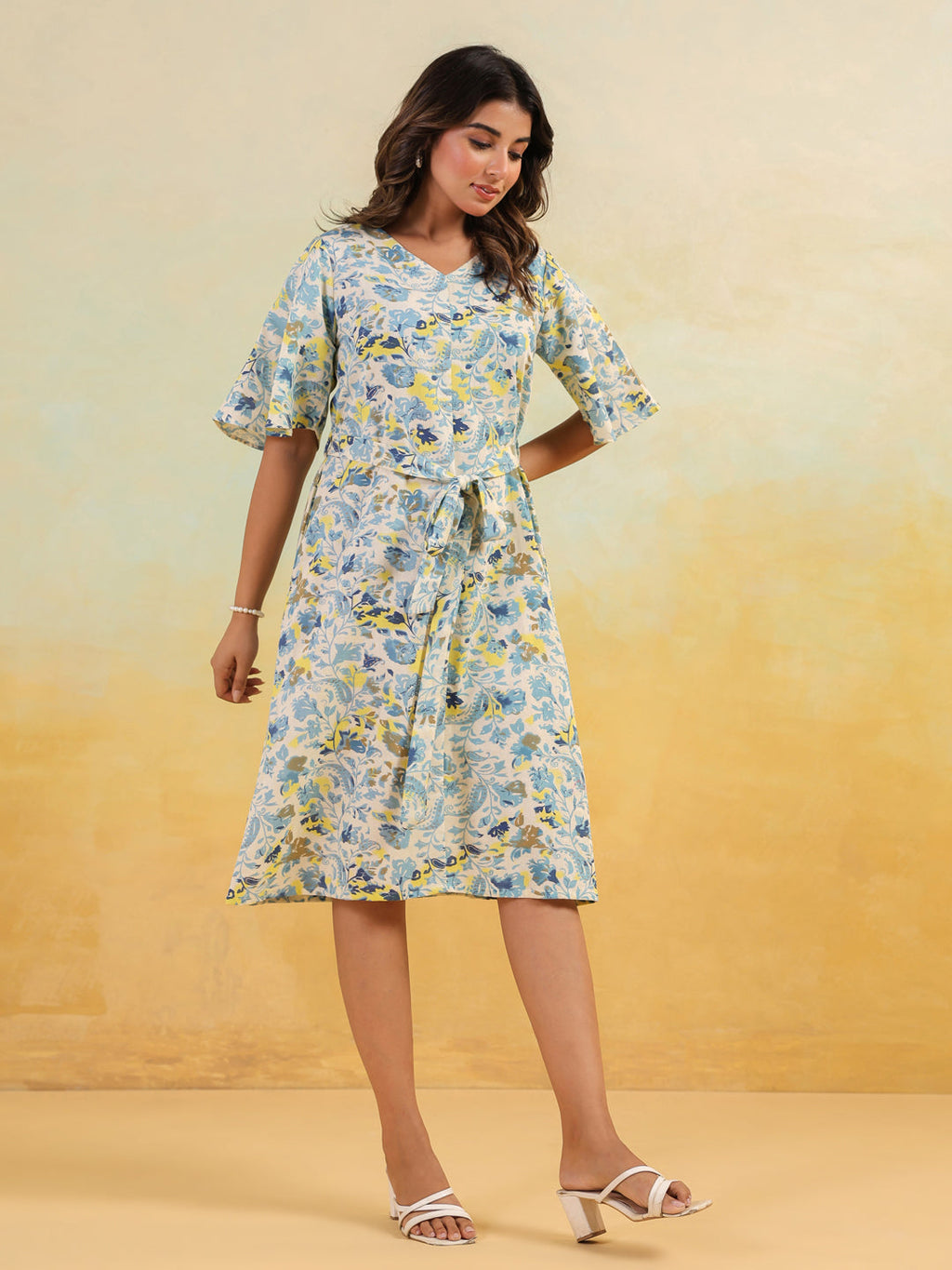 Janasya Light Cotton Floral A-Line Dress | Grocsy