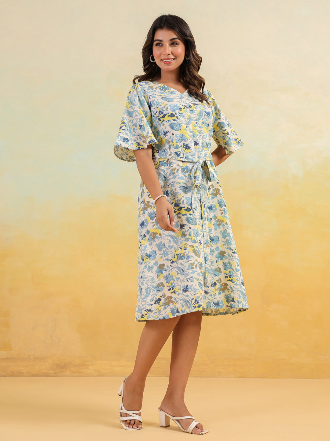Janasya Light Cotton Floral A-Line Dress | Grocsy