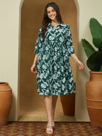 Janasya Dark Cotton Floral Fit & Flare Dress | Grocsy