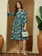 Janasya Dark Cotton Floral Fit & Flare Dress | Grocsy