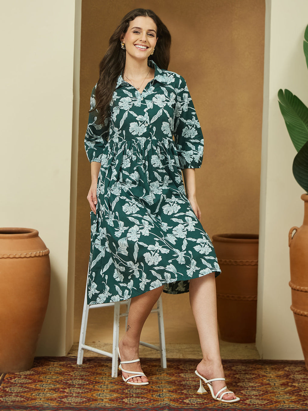 Janasya Dark Cotton Floral Fit & Flare Dress | Grocsy
