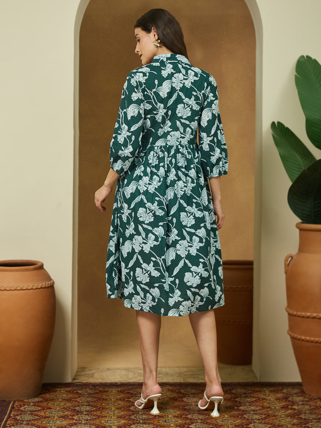 Janasya Dark Cotton Floral Fit & Flare Dress | Grocsy