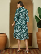 Janasya Dark Cotton Floral Fit & Flare Dress | Grocsy