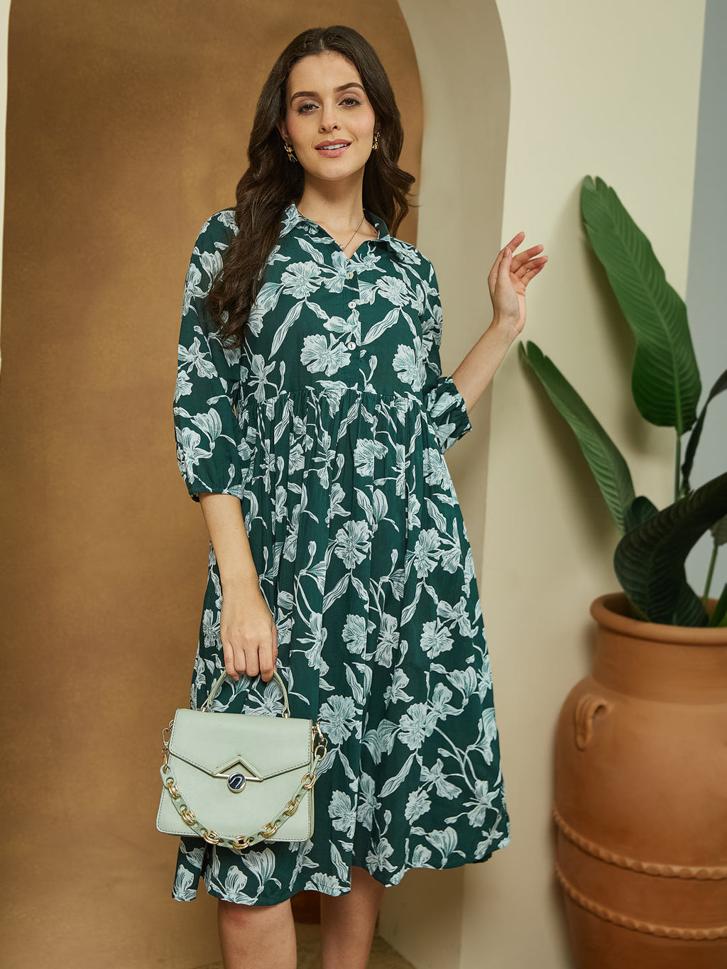 Janasya Dark Cotton Floral Fit & Flare Dress | Grocsy